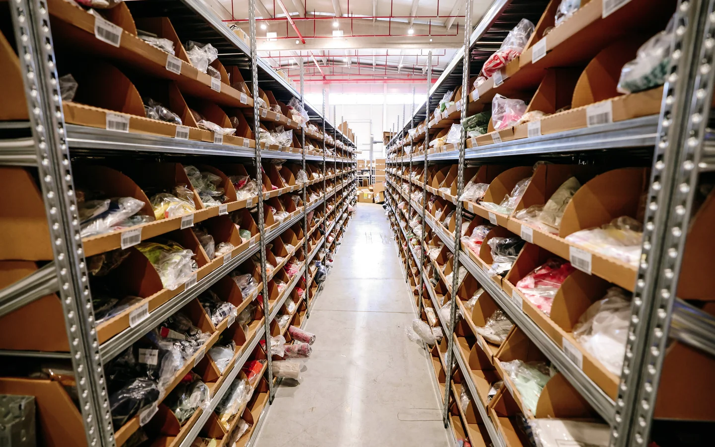 Organised product shelves in the order picking area